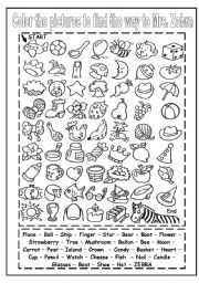 English Worksheet: COLOR THE PICTURES AND FIND THE WAY