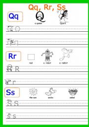 English Worksheet: Writing Qq,  Rr, Ss Part 6 (3 pages)