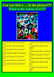 English Worksheet: can you find a ... in the picture? What is the colour of it? English with famous works of art