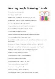 English Worksheet: Meeting people and making friends conversation questions