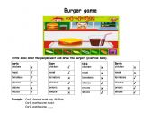 English Worksheet: Worksheet some/any  - food - Burger Game- positive/negative sentences