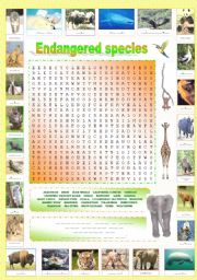 English Worksheet: Endangered species (Part 3/5): Original wordsearch containing a hidden message!!!  + Complete the names of the endangered species