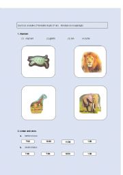 English worksheet: TEST ON ANIMALS, TIME, NUMBERS 1 TO 12, COLORS