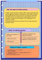 English Worksheet: Leonardo  da Vinci . Reading  comprehension.