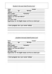 English Worksheet: Personal Identification Card
