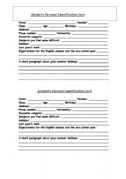 English worksheet: Personal Identification Card