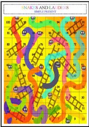 English Worksheet: SNAKES AND LADDERS BOARD GAME + CARDS - SIMPLE PRESENT 