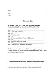 English worksheet: 7th Grade quiz - WH questions in the past simple, modals and short essay