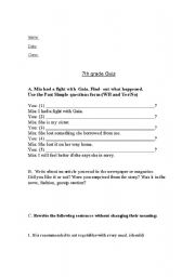 English Worksheet: 7th Grade quiz - WH questions in the past simple, modals and short essay