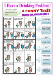 English Worksheet: Alchool Issues - Dont Drink & Drive (3 pages) - Activity with 2 funny & important texts with 16 actvities