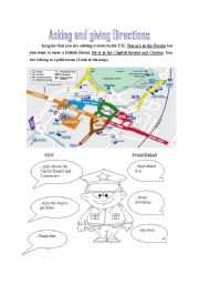 English Worksheet: Asking and giving directions - guided dialogue based on a map from a town 