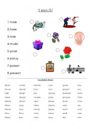 English worksheet: s says /z/ worksheet and game