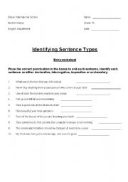 English worksheet: four types of sentences