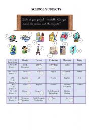 English Worksheet: school subjects and timetable