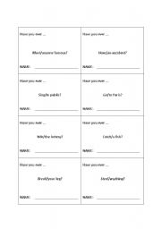 English worksheet: Have you ever question activity cards.