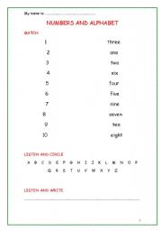 English worksheet: NUMBERS AND ALPHABET
