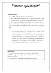 English Worksheet: REPORTED SPEECH ORAL GAME