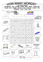 English Worksheet: Find the CLASSROOM OBJECTS.