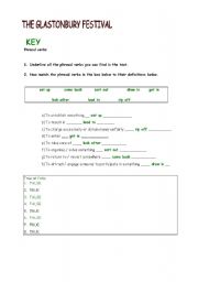 English worksheet: KEY for teachers  TEST Glastonbury Festival level A2+/B1