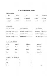 English worksheet: a,an; plurals; numbers; words