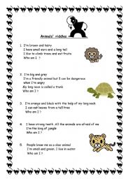 English Worksheet: animals riddles