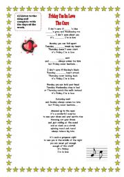 English Worksheet: Song Friday Im in love ( Days of the week)