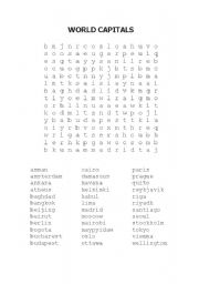 English worksheet: WORLD CAPITALS WORD SEARCH PUZZLE