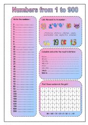 English Worksheet: numbers from 1 to 900.