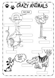 English Worksheet: ANIMALS + PARTS OF THE BODY + POSSESSIVE CASE � B&W