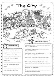 English Worksheet: THE CITY  + Prepositions  B&W