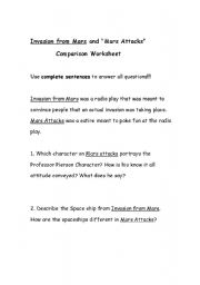 English worksheet: Mars Attacks and Invasion from Mars Comparative Worksheet