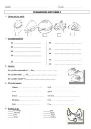 English Worksheet: Review: Food, the use of a or an, numbers between 11 and 20,