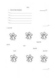 English worksheet: TEST NUMBERS 1-10, COLOURS, BASIC VOCABULARY