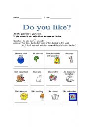 English worksheet: Find a friend who likes...