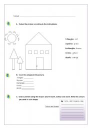English Worksheet: Shapes Worksheet - colouring and counting