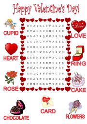 English Worksheet: Valentines Day Word Search
