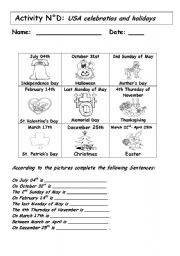 English Worksheet: USA CELEBRATIONS AND HOLIDAYS