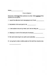 English Worksheet: Determining Fact from Opinion in Text