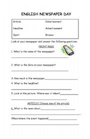 English Worksheet: What is in News paper