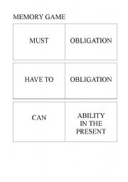 English worksheet: Cards to play the memory game with modal verbs and their uses