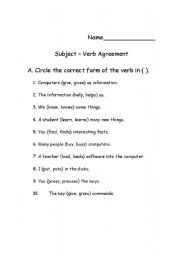 English Worksheet: Subject Verb Agreement