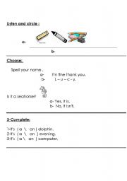 English worksheet: listen,choose,complete