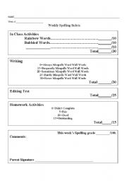 English Worksheet: Word Study Weekly Grade Sheet