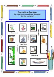 English Worksheet: Prepositions of place: Between, On, Across from, On the corner of, Next to