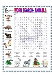 English Worksheet: Word search- animals- KEY