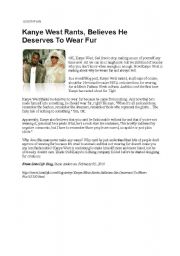 English worksheet: Kanye West, Fur Coats & PETA - A Reading Lesson