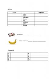 English worksheet: articles, numbers and food