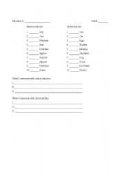 English worksheet: Direct and Indirect Articles