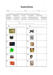 English worksheet: vocabulary on superstitions