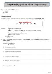 English Worksheet: Pronouns (subject,object, possessive) part 1